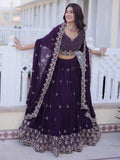 Stylish Wine Zari Embroidery Georgette Reception Wear Lehenga With Blouse
