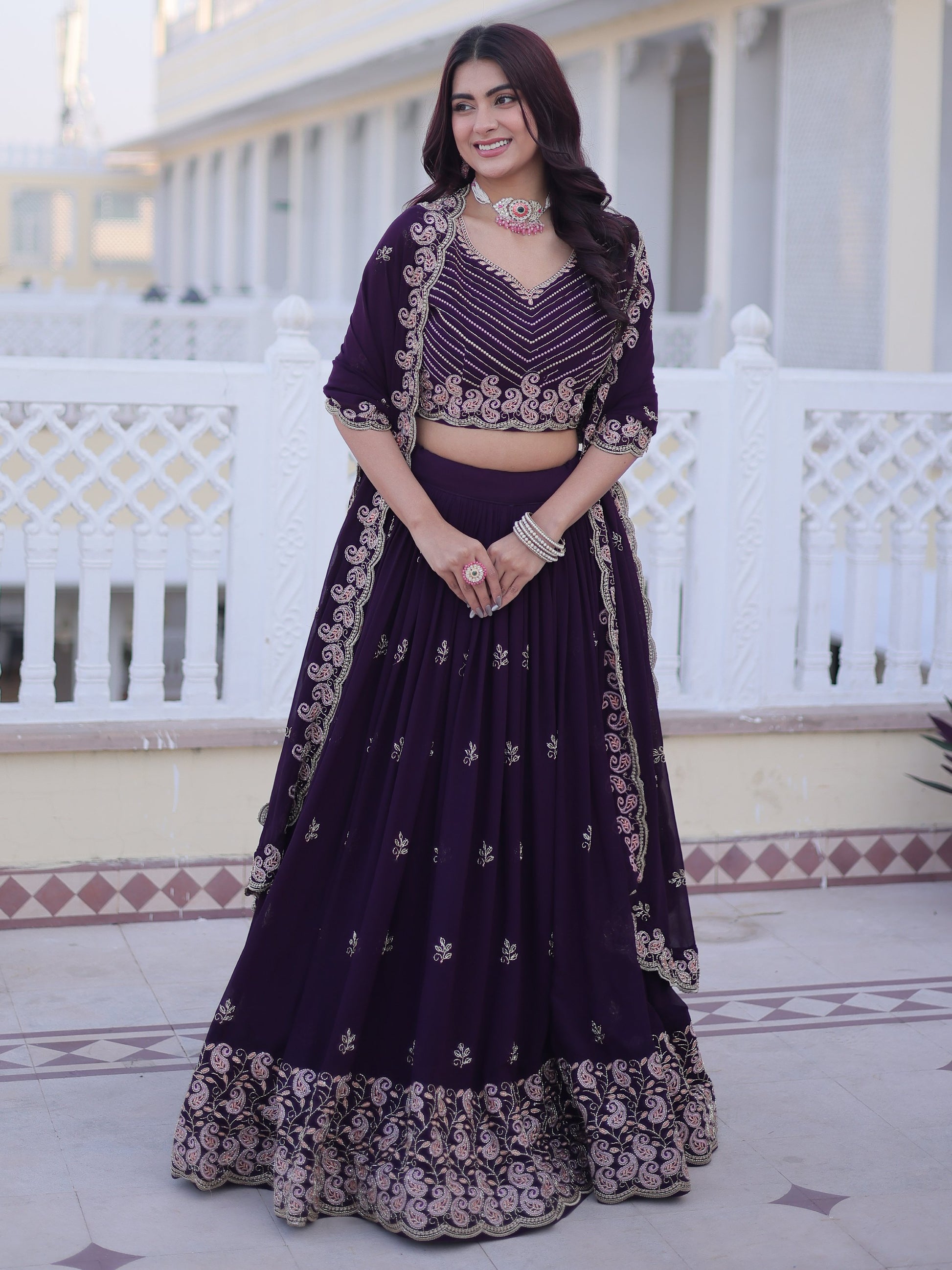 Stylish Wine Zari Embroidery Georgette Reception Wear Lehenga With Blouse