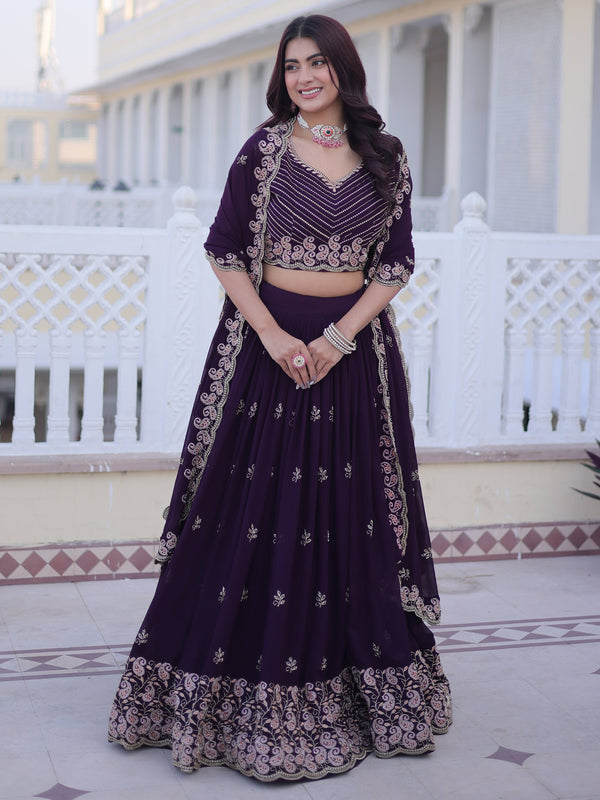 Stylish Wine Zari Embroidery Georgette Reception Wear Lehenga With Blouse