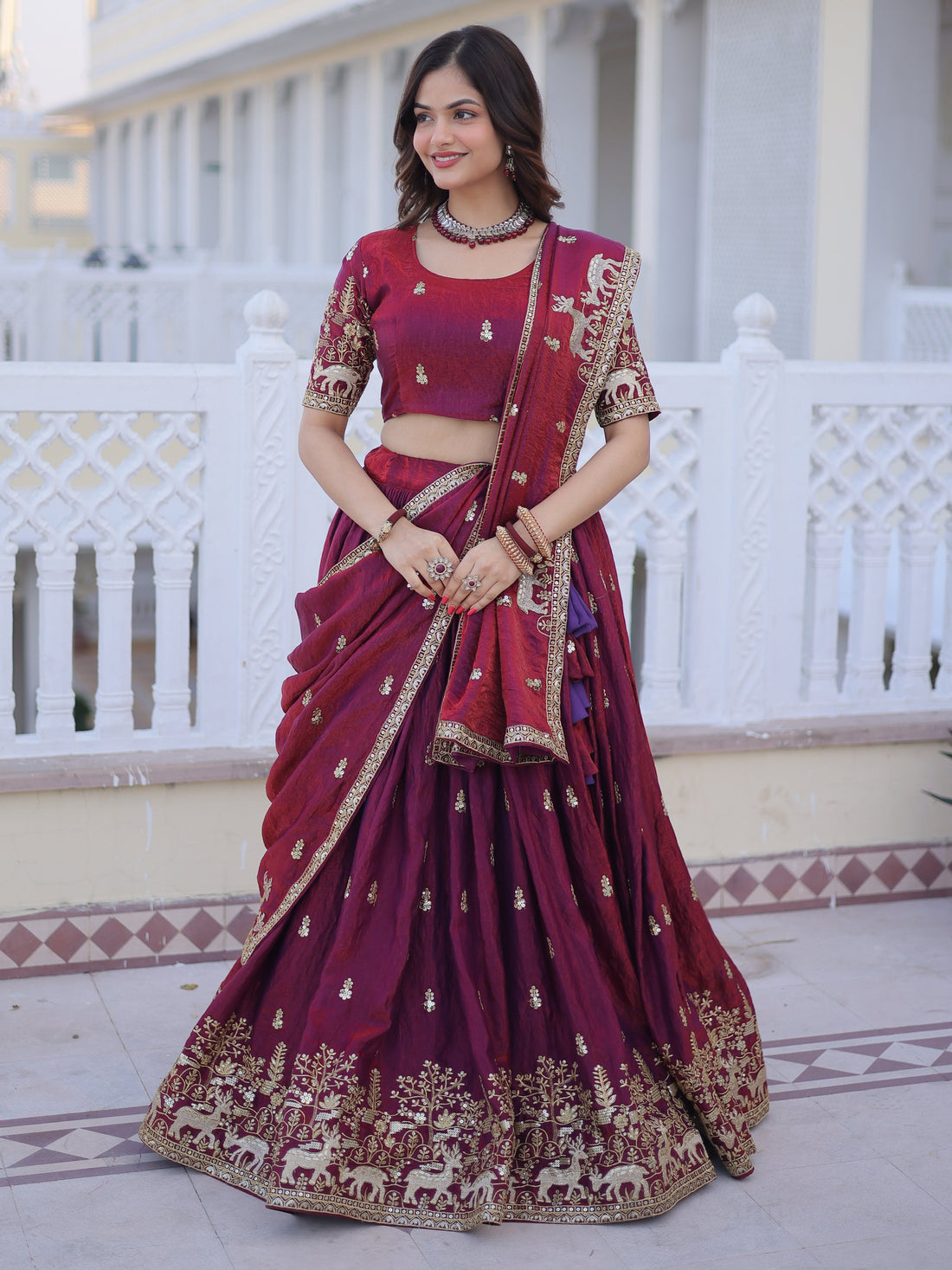 Spectacular Wine Sequins Embroidery Silk Wedding Wear Lehenga Choli