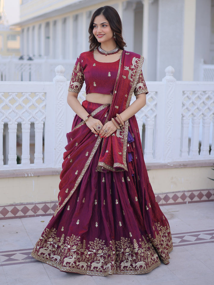 Spectacular Wine Sequins Embroidery Silk Wedding Wear Lehenga Choli