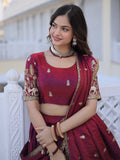 Spectacular Wine Sequins Embroidery Silk Wedding Wear Lehenga Choli