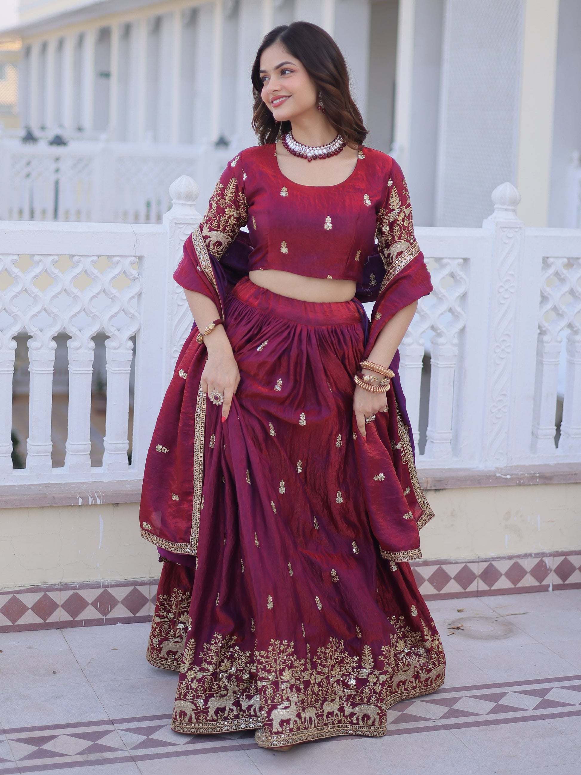 Spectacular Wine Sequins Embroidery Silk Wedding Wear Lehenga Choli