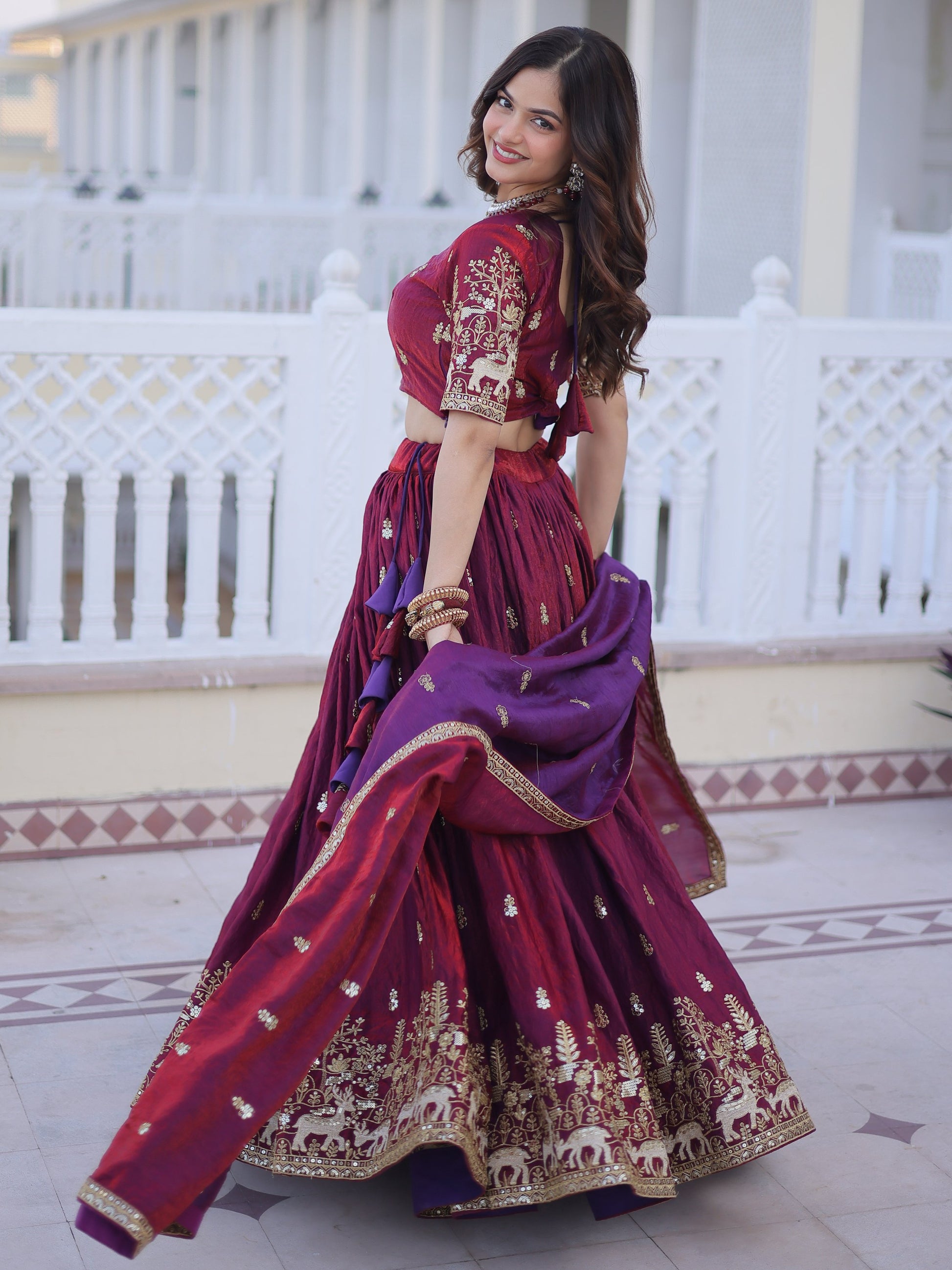 Spectacular Wine Sequins Embroidery Silk Wedding Wear Lehenga Choli