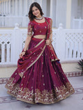 Spectacular Wine Sequins Embroidery Silk Wedding Wear Lehenga Choli