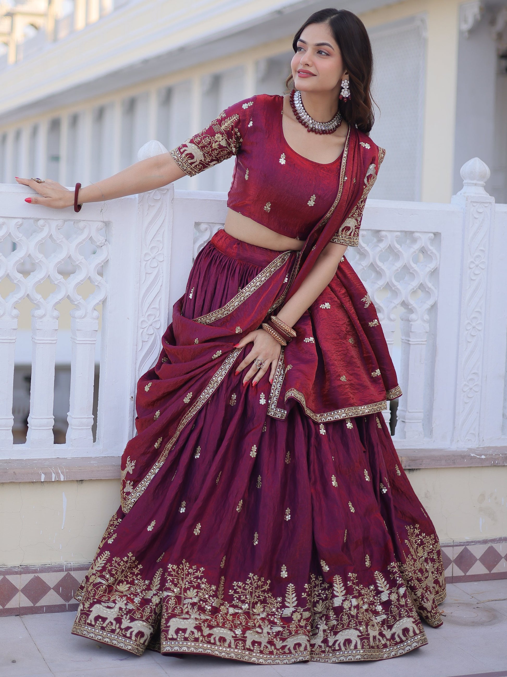 Spectacular Wine Sequins Embroidery Silk Wedding Wear Lehenga Choli