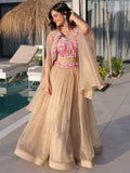 Stunning Golden Embroidery Organza Festive Wear Lehenga Choli With Shrug