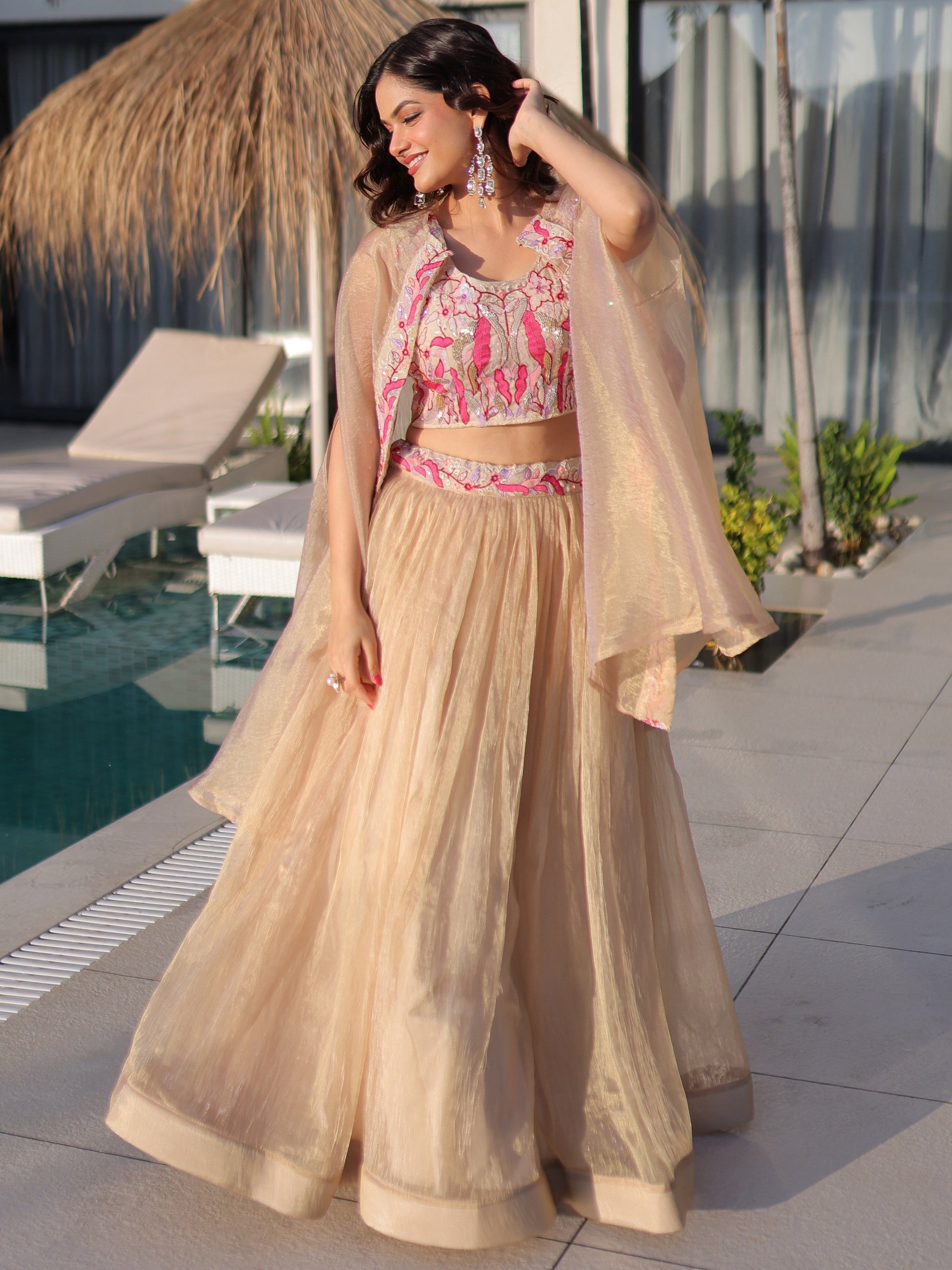 Stunning Golden Embroidery Organza Festive Wear Lehenga Choli With Shrug
