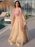 Stunning Golden Embroidery Organza Festive Wear Lehenga Choli With Shrug