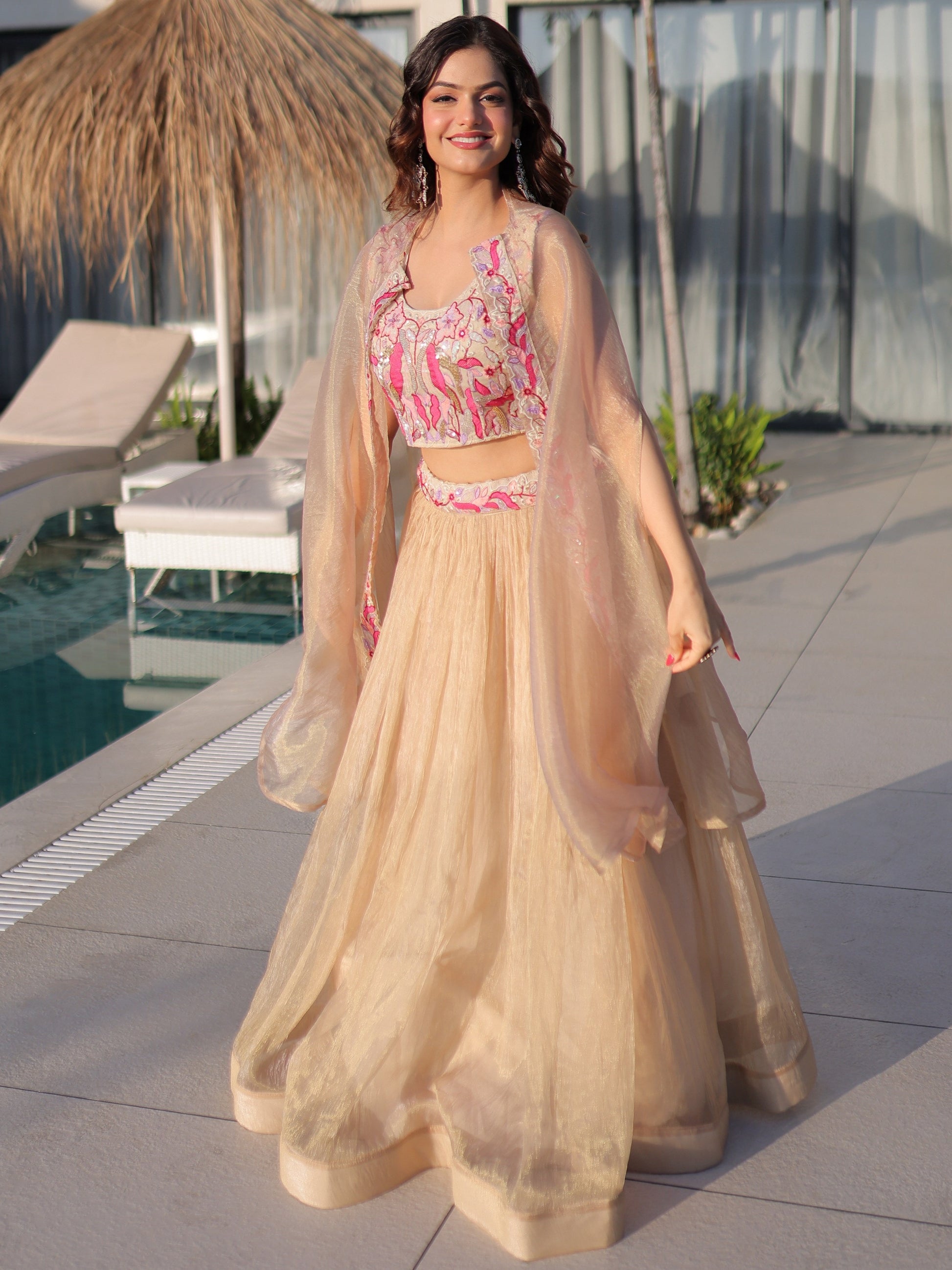 Stunning Golden Embroidery Organza Festive Wear Lehenga Choli With Shrug