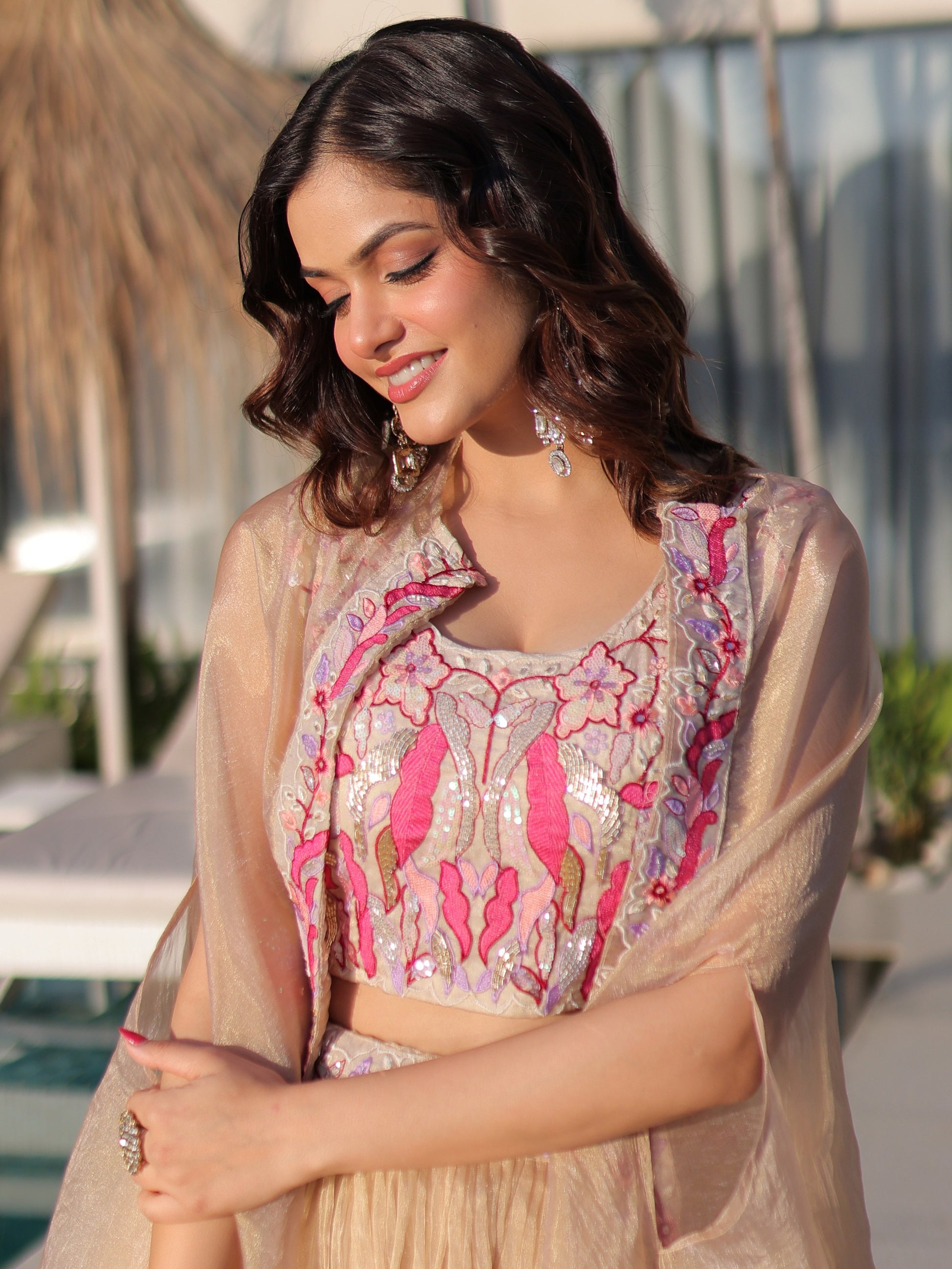 Stunning Golden Embroidery Organza Festive Wear Lehenga Choli With Shrug
