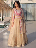 Stunning Golden Embroidery Organza Festive Wear Lehenga Choli With Shrug