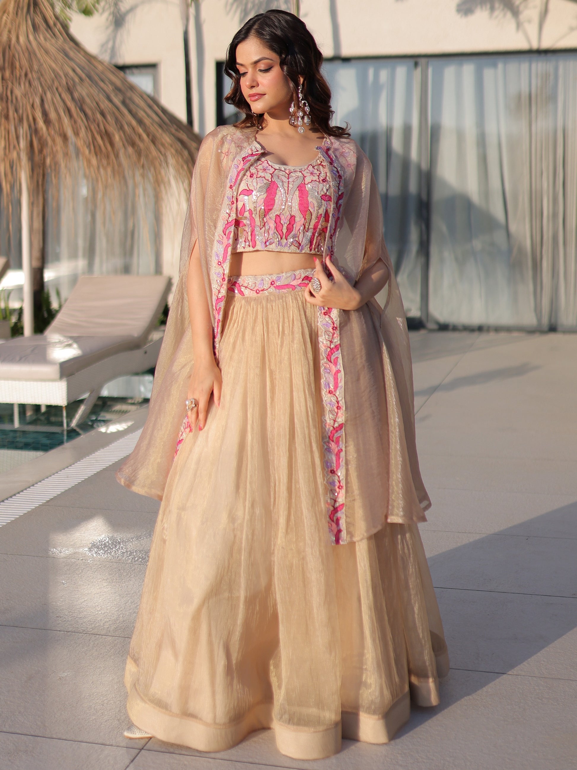 Stunning Golden Embroidery Organza Festive Wear Lehenga Choli With Shrug
