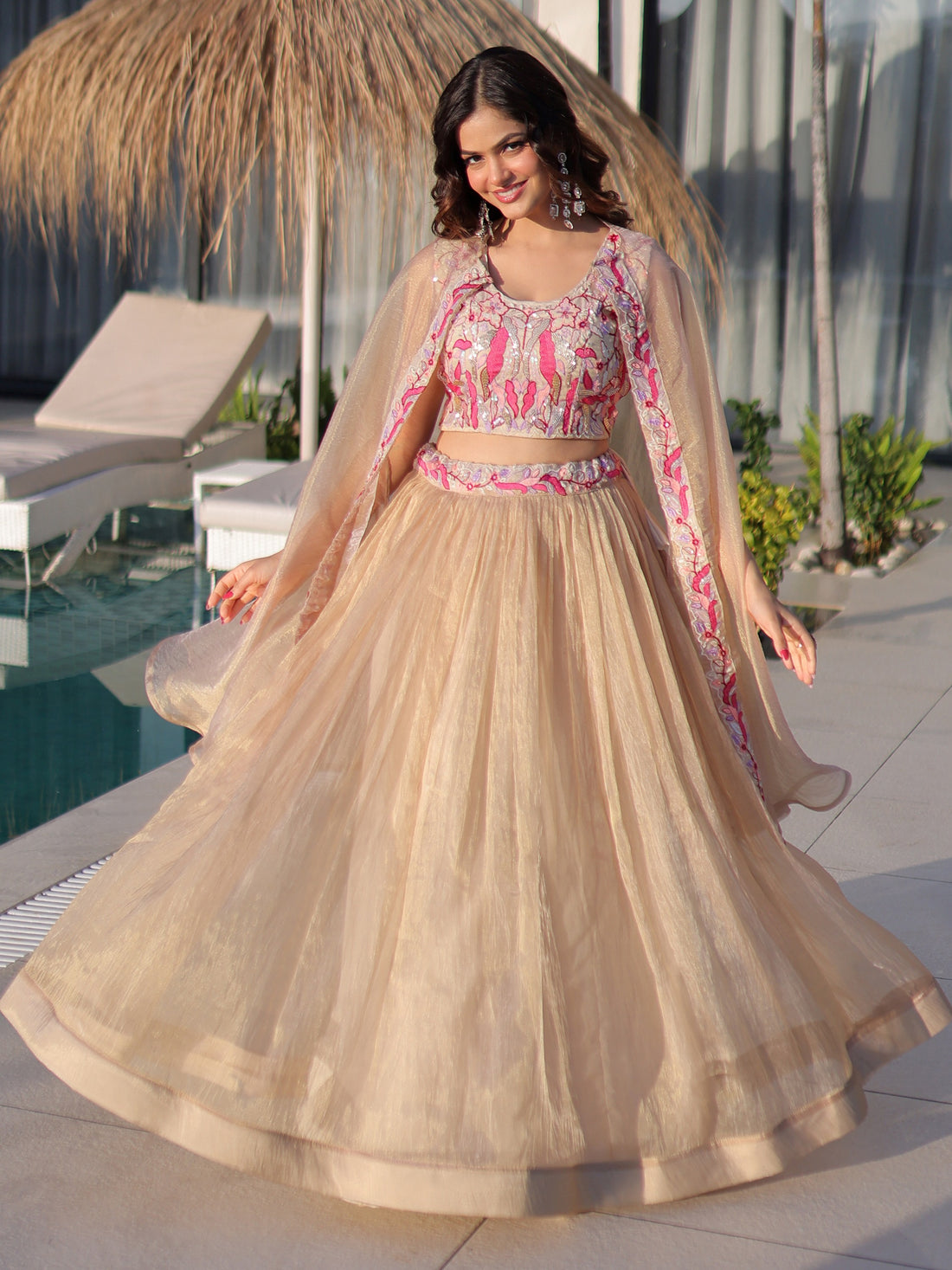 Stunning Golden Beads Embroidery Organza Festive Wear Lehenga Choli With Shrug