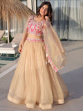 Stunning Golden Embroidery Organza Festive Wear Lehenga Choli With Shrug