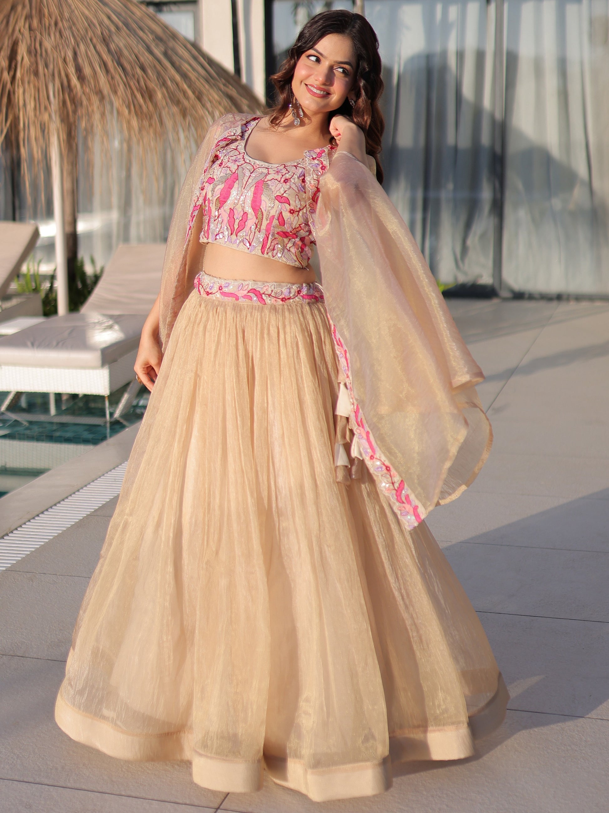 Stunning Golden Embroidery Organza Festive Wear Lehenga Choli With Shrug