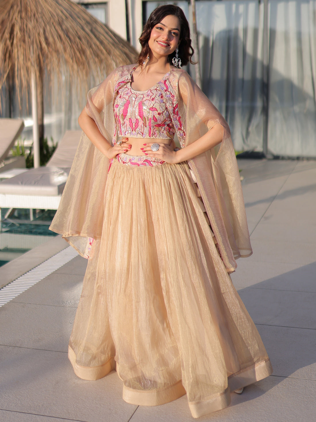 Stunning Golden Beads Embroidery Organza Festive Wear Lehenga Choli With Shrug