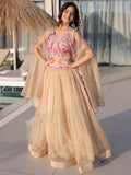 Stunning Golden Embroidery Organza Festive Wear Lehenga Choli With Shrug