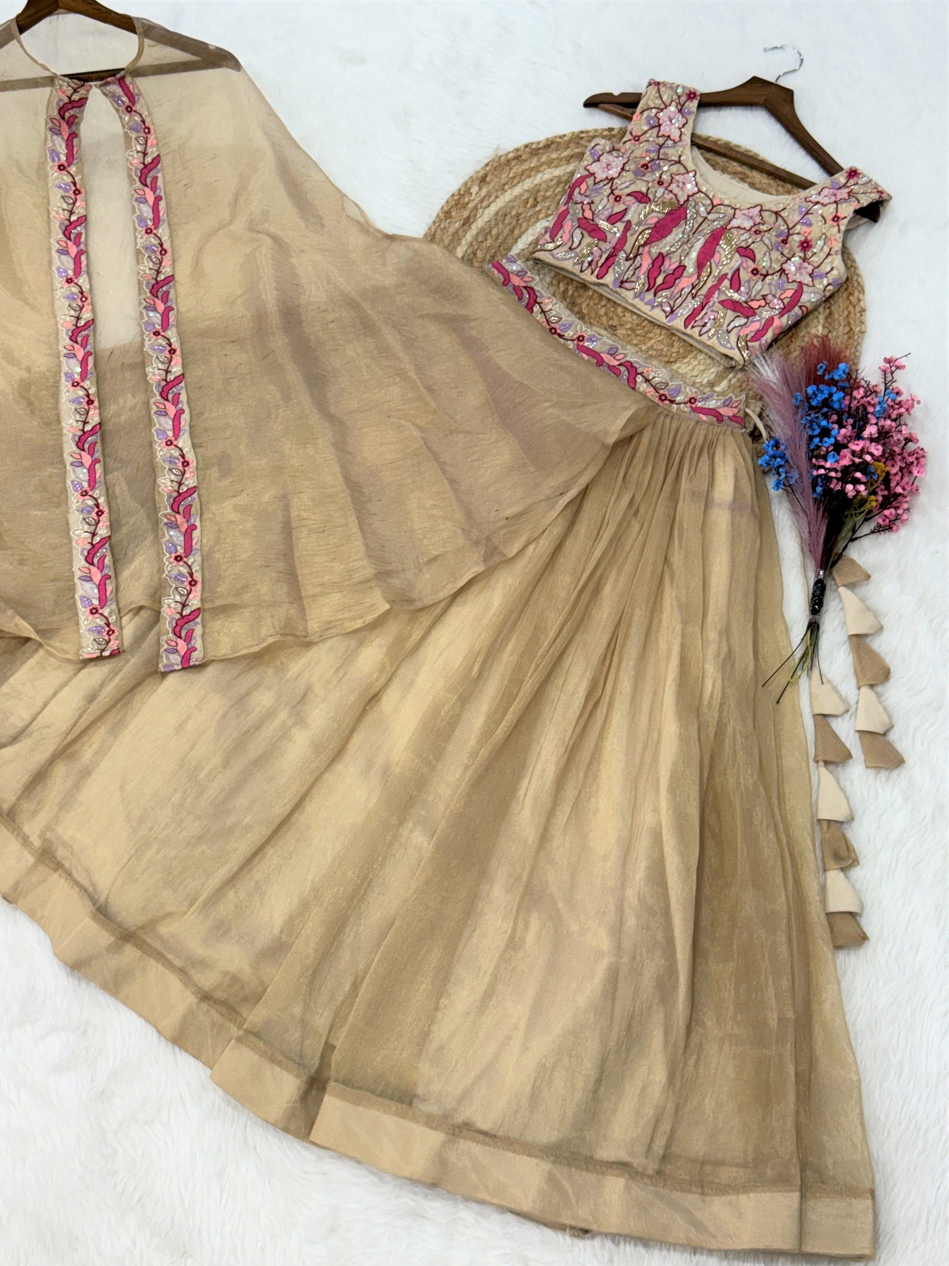 Stunning Golden Embroidery Organza Festive Wear Lehenga Choli With Shrug