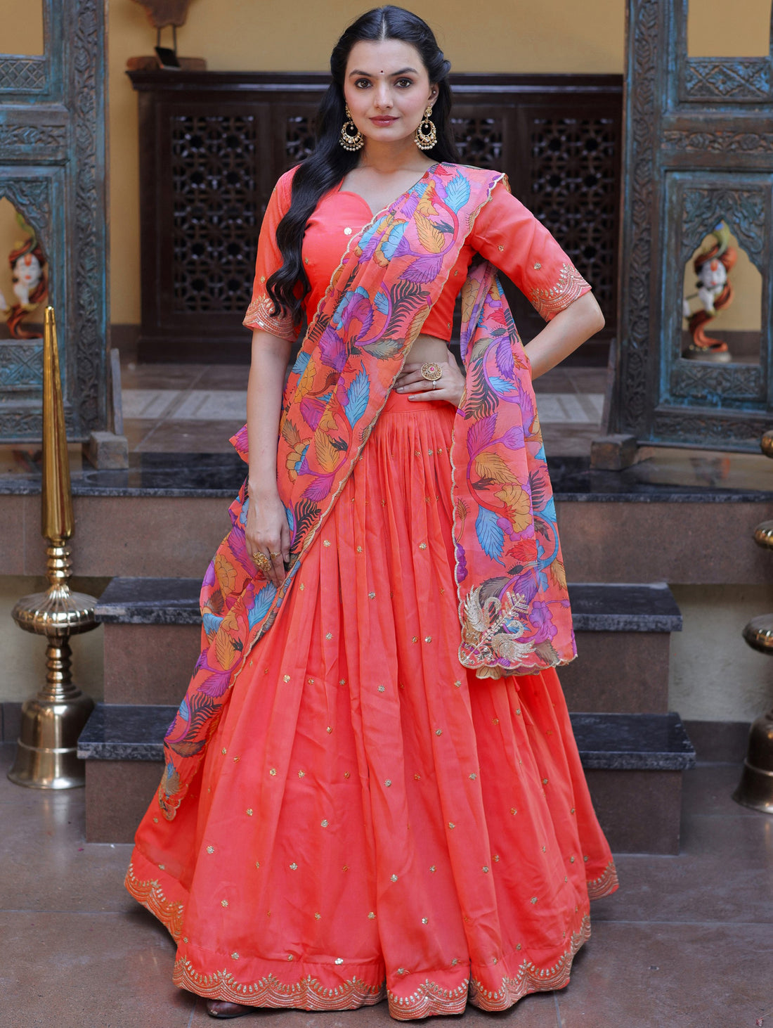 Stunning Peach Sequins Embroidered Silk Festive Lehenga Choli With Dupatta