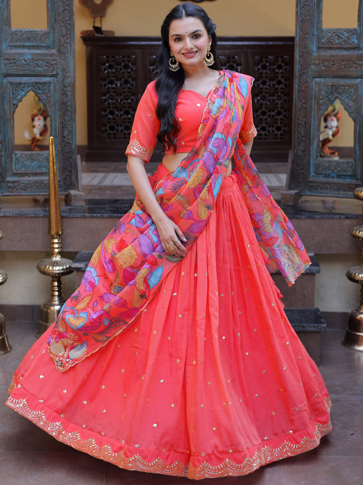 Stunning Peach Embroidered Silk Festive Lehenga Choli With Dupatta