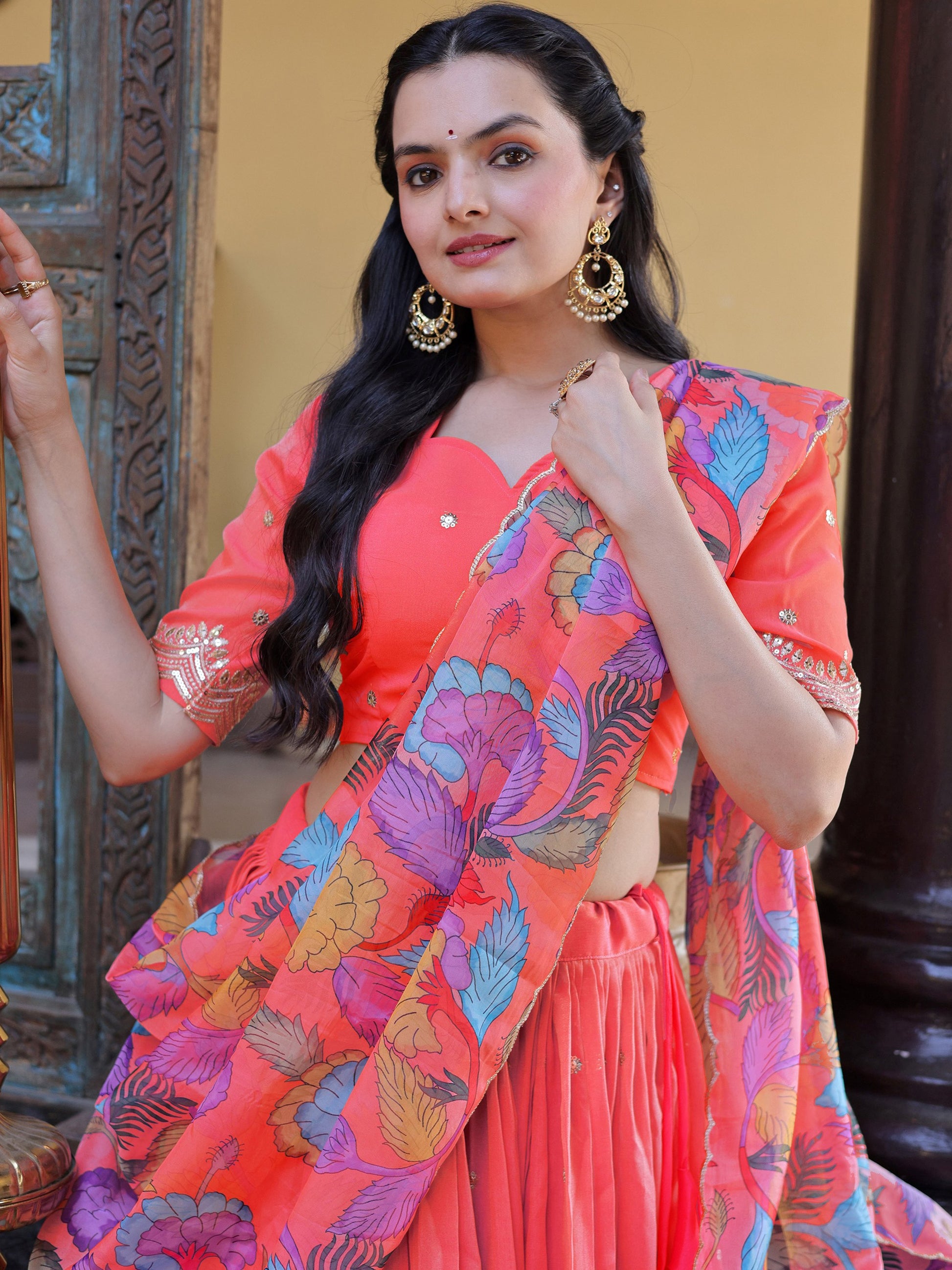 Stunning Peach Embroidered Silk Festive Lehenga Choli With Dupatta