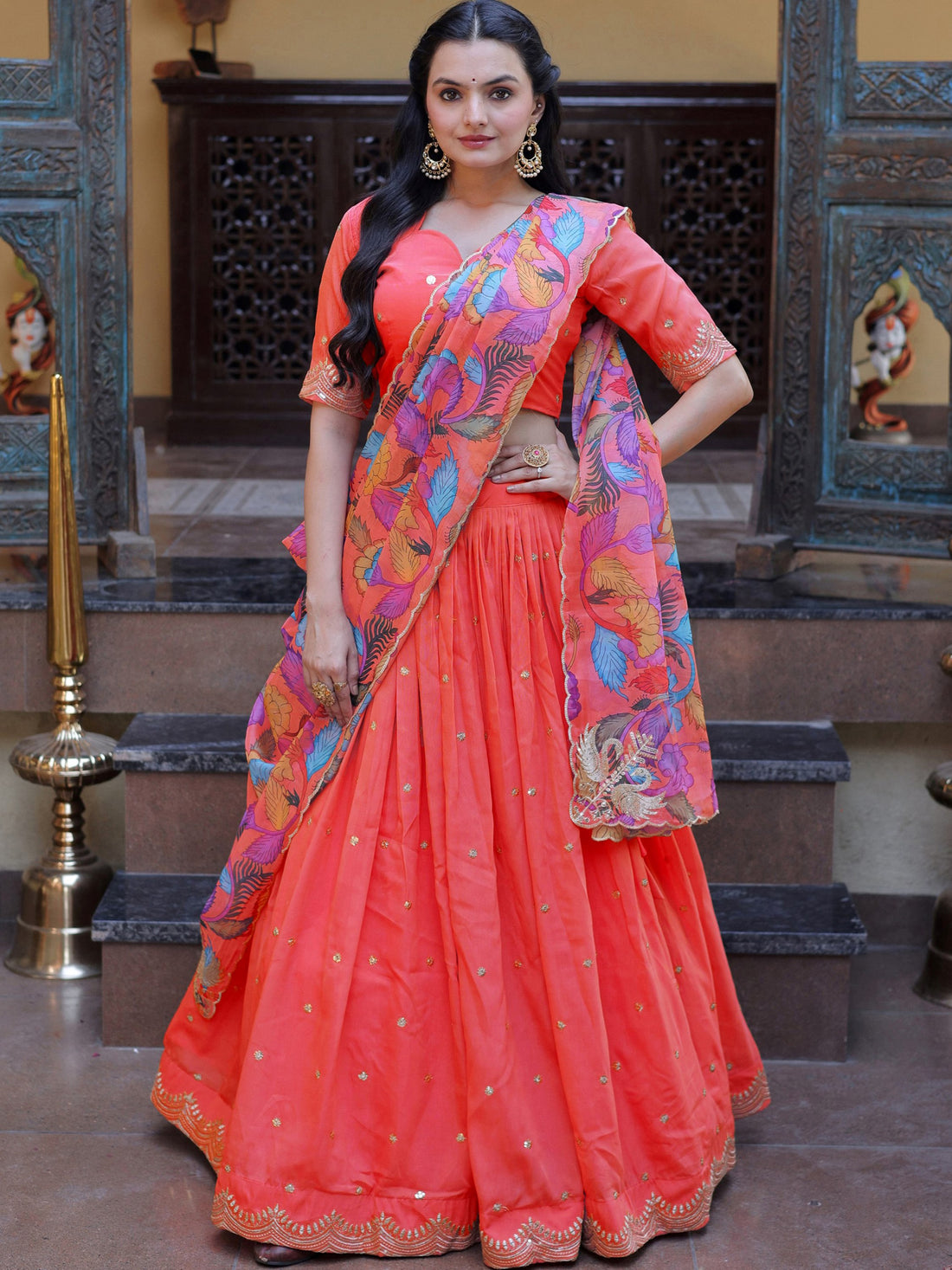 Stunning Peach Embroidered Silk Festive Lehenga Choli With Dupatta