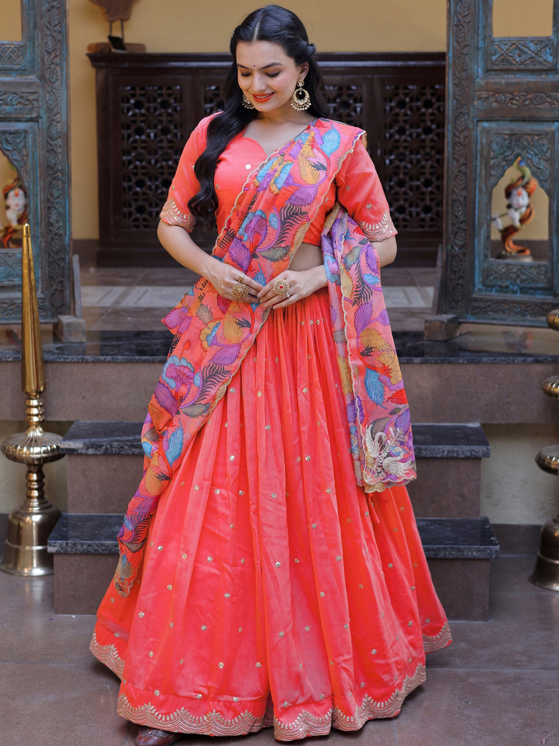 Stunning Peach Embroidered Silk Festive Lehenga Choli With Dupatta