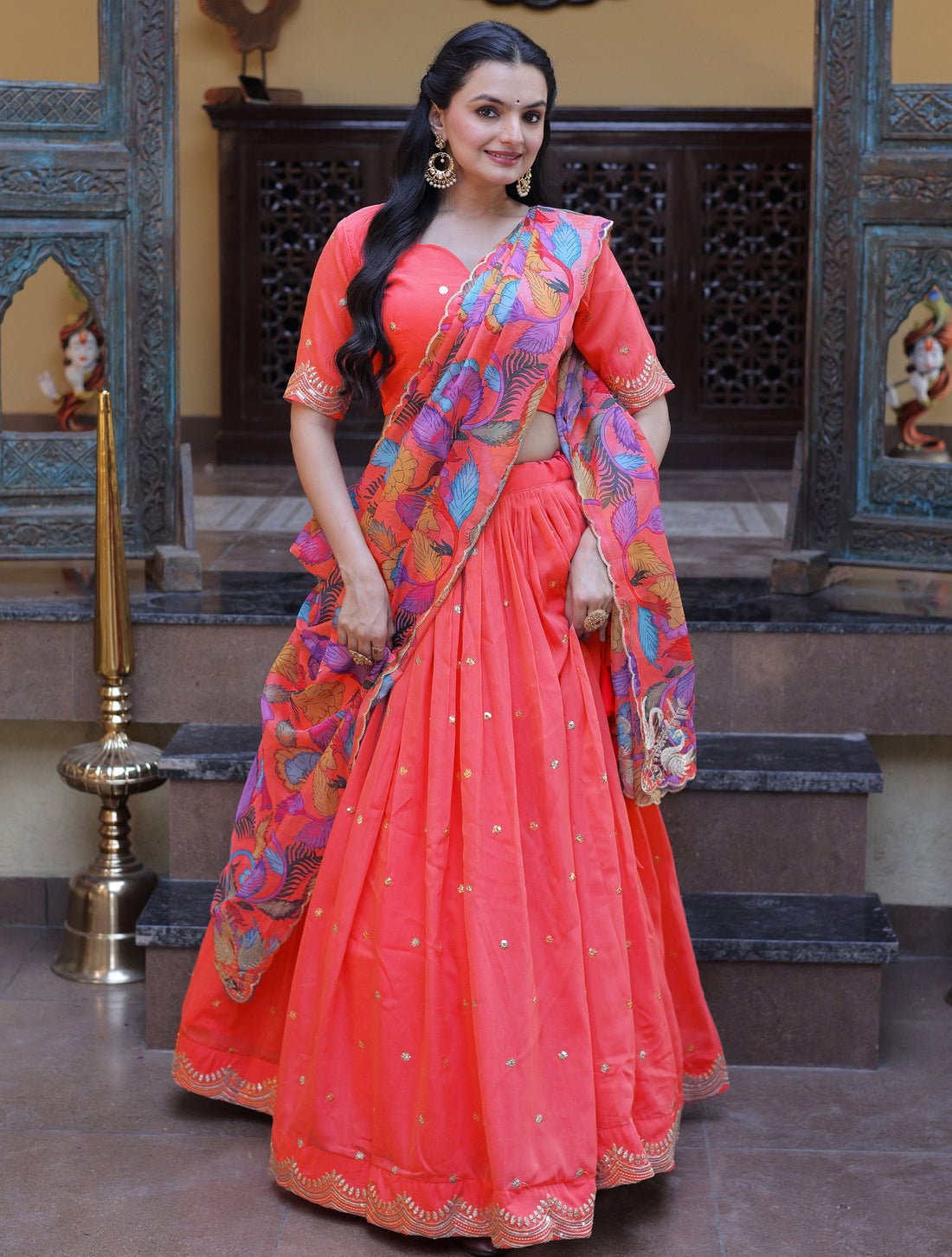 Stunning Peach Sequins Embroidered Silk Festive Lehenga Choli With Dupatta