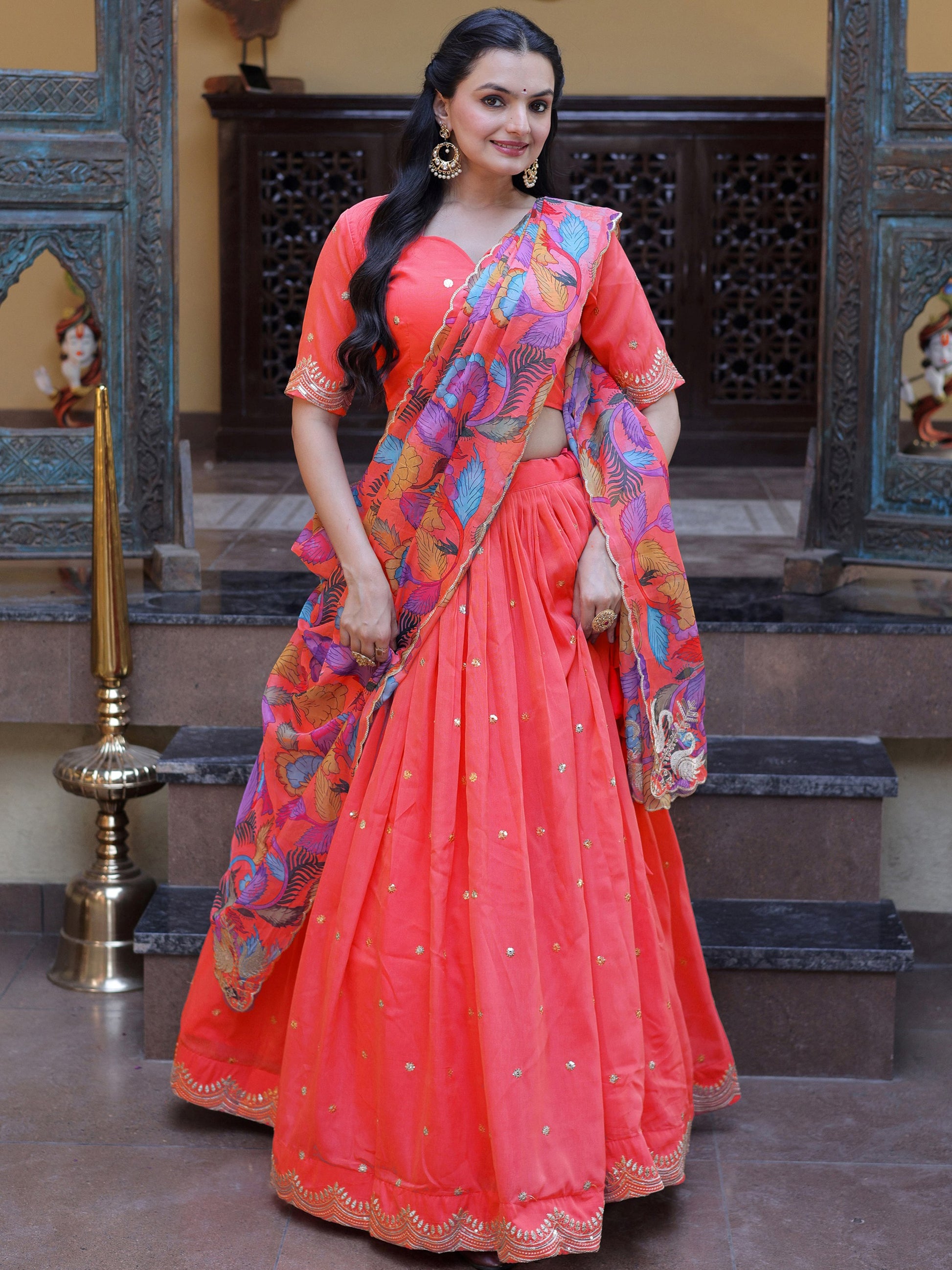 Stunning Peach Embroidered Silk Festive Lehenga Choli With Dupatta