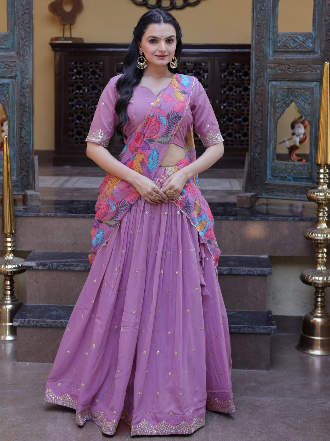 Outstanding Purple Sequins Embroidered Silk Function Lehenga Choli With Dupatta