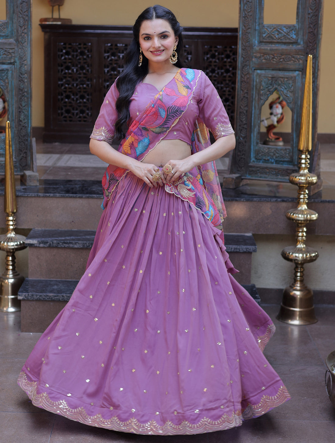 Outstanding Purple Sequins Embroidered Silk Function Lehenga Choli With Dupatta