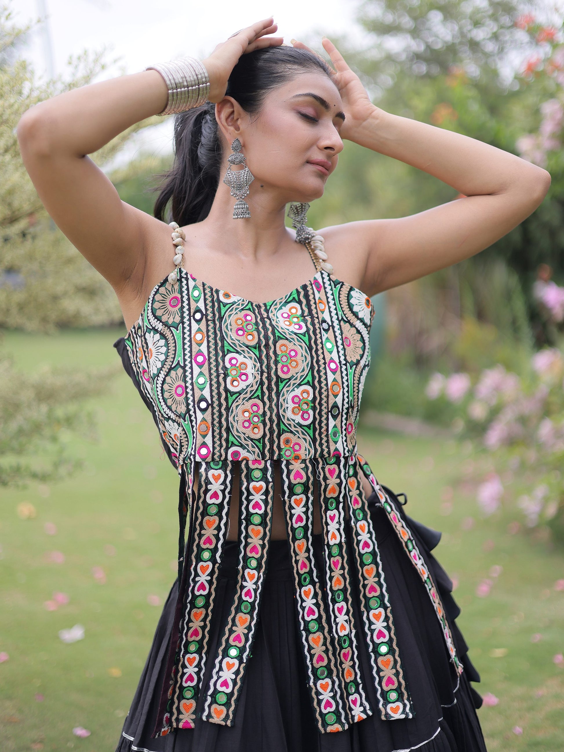 Attractive Black Patchwork Cotton Navratri Wear Lehenga Choli