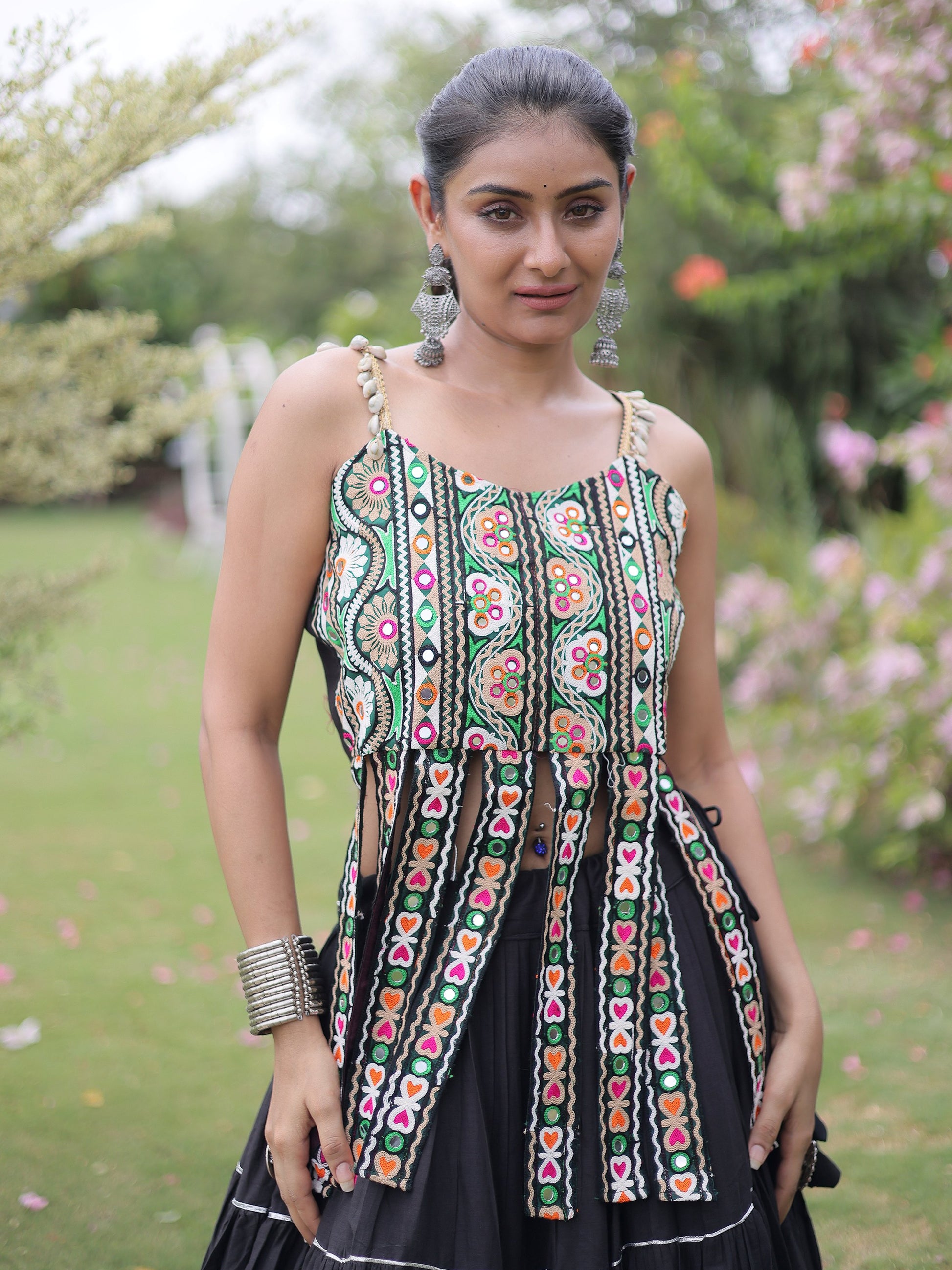 Attractive Black Patchwork Cotton Navratri Wear Lehenga Choli