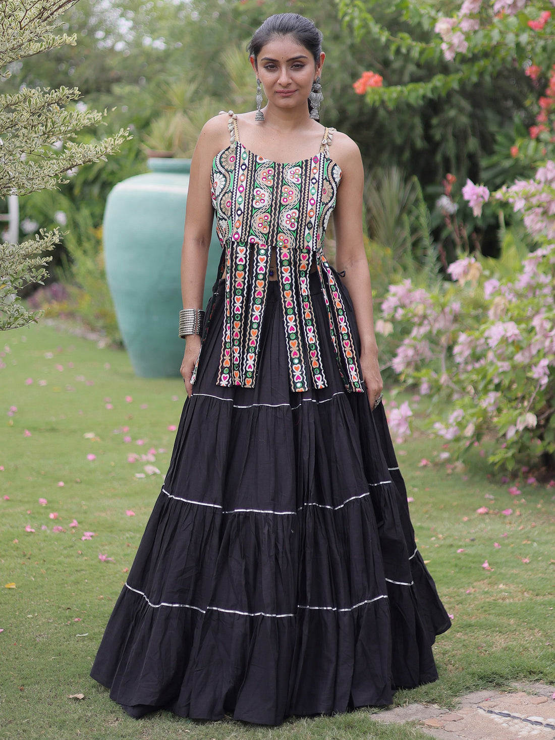 Attractive Black Patchwork Cotton Navratri Wear Lehenga Choli