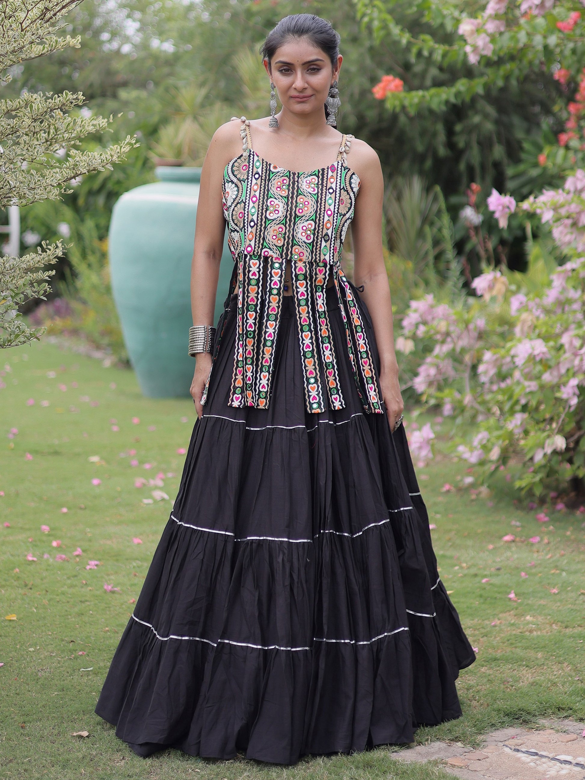 Attractive Black Patchwork Cotton Navratri Wear Lehenga Choli