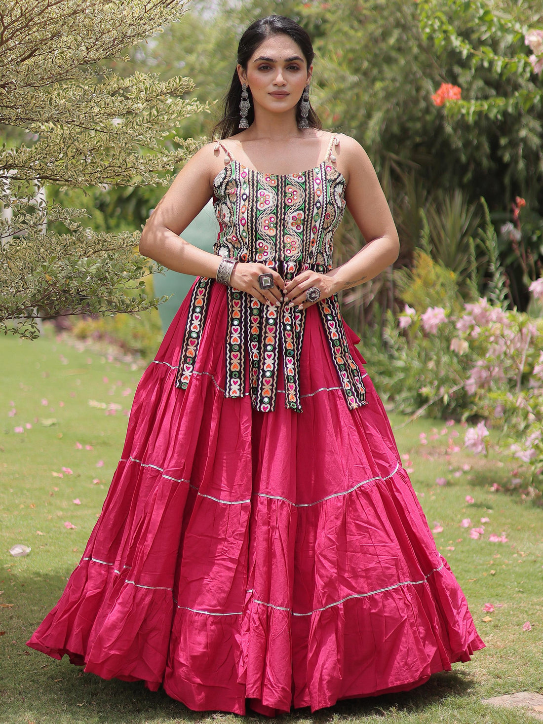 Glamorous Rani Pink Patchwork Cotton Navratri Wear Lehenga Choli