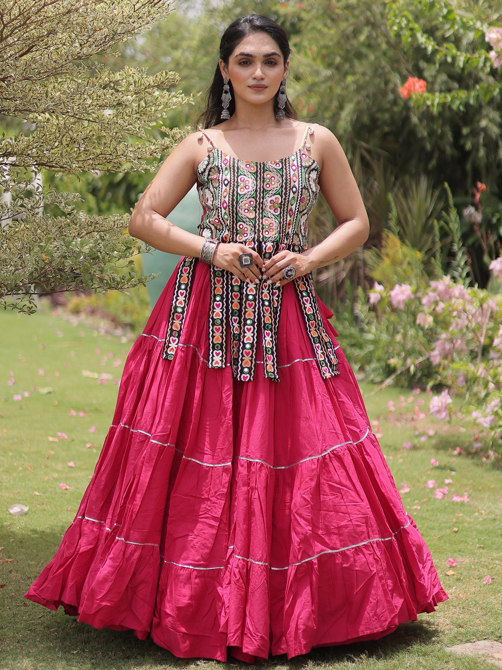 Glamorous Rani Pink Patchwork Cotton Navratri Wear Lehenga Choli