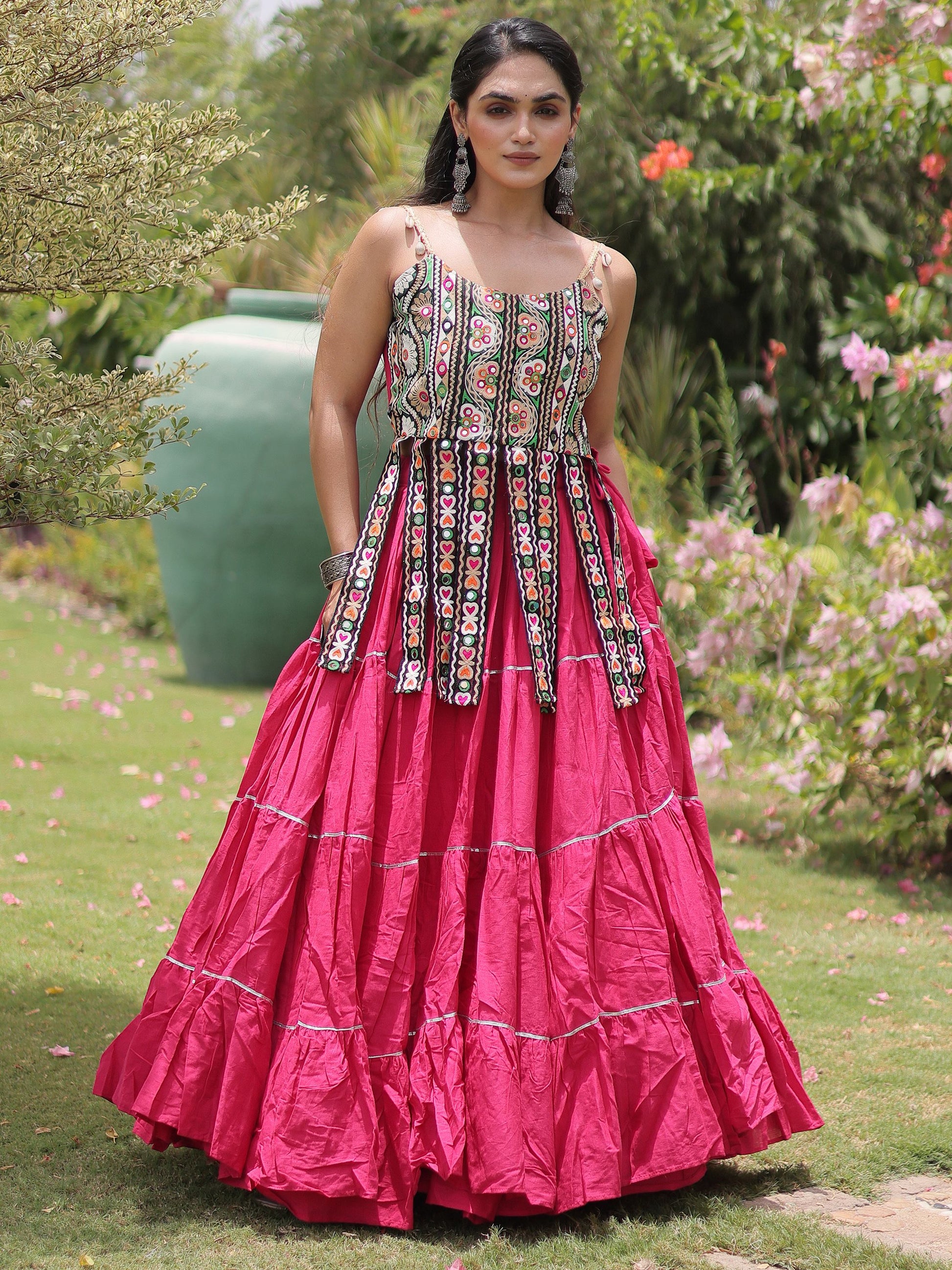 Glamorous Rani Pink Patchwork Cotton Navratri Wear Lehenga Choli