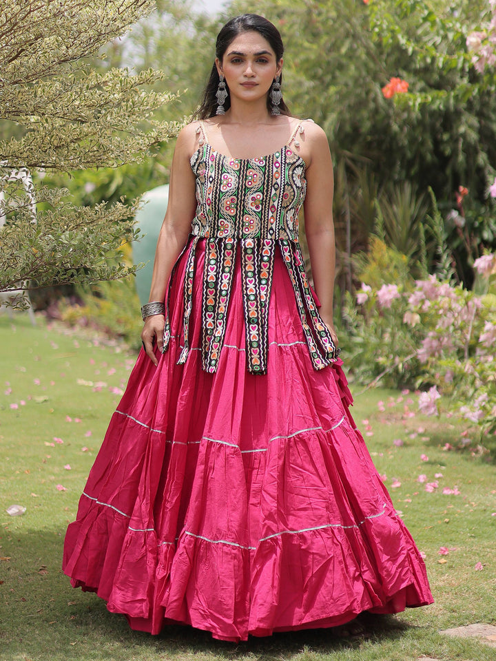 Glamorous Rani Pink Patchwork Cotton Navratri Wear Lehenga Choli