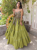 Charming Pista Green Kutchi Work Cotton Navratri Wear Lehenga Choli