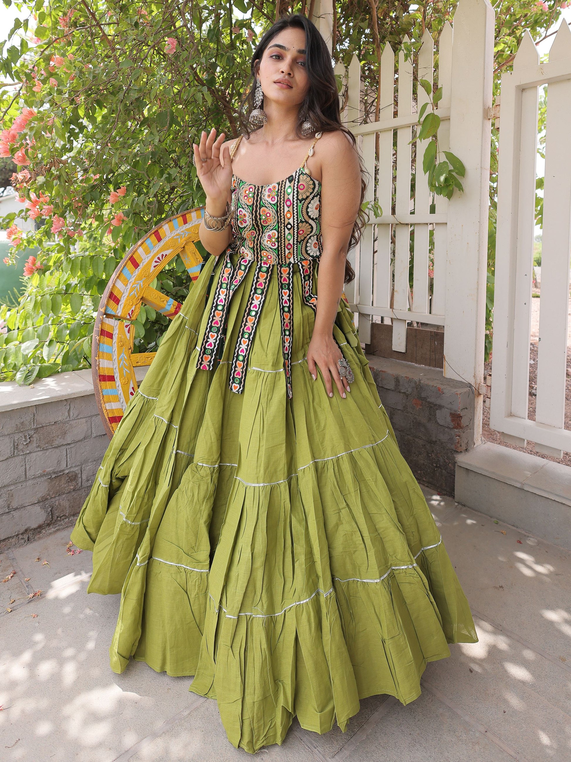 Charming Pista Green Kutchi Work Cotton Navratri Wear Lehenga Choli