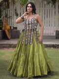 Charming Pista Green Kutchi Work Cotton Navratri Wear Lehenga Choli