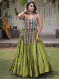 Charming Pista Green Kutchi Work Cotton Navratri Wear Lehenga Choli