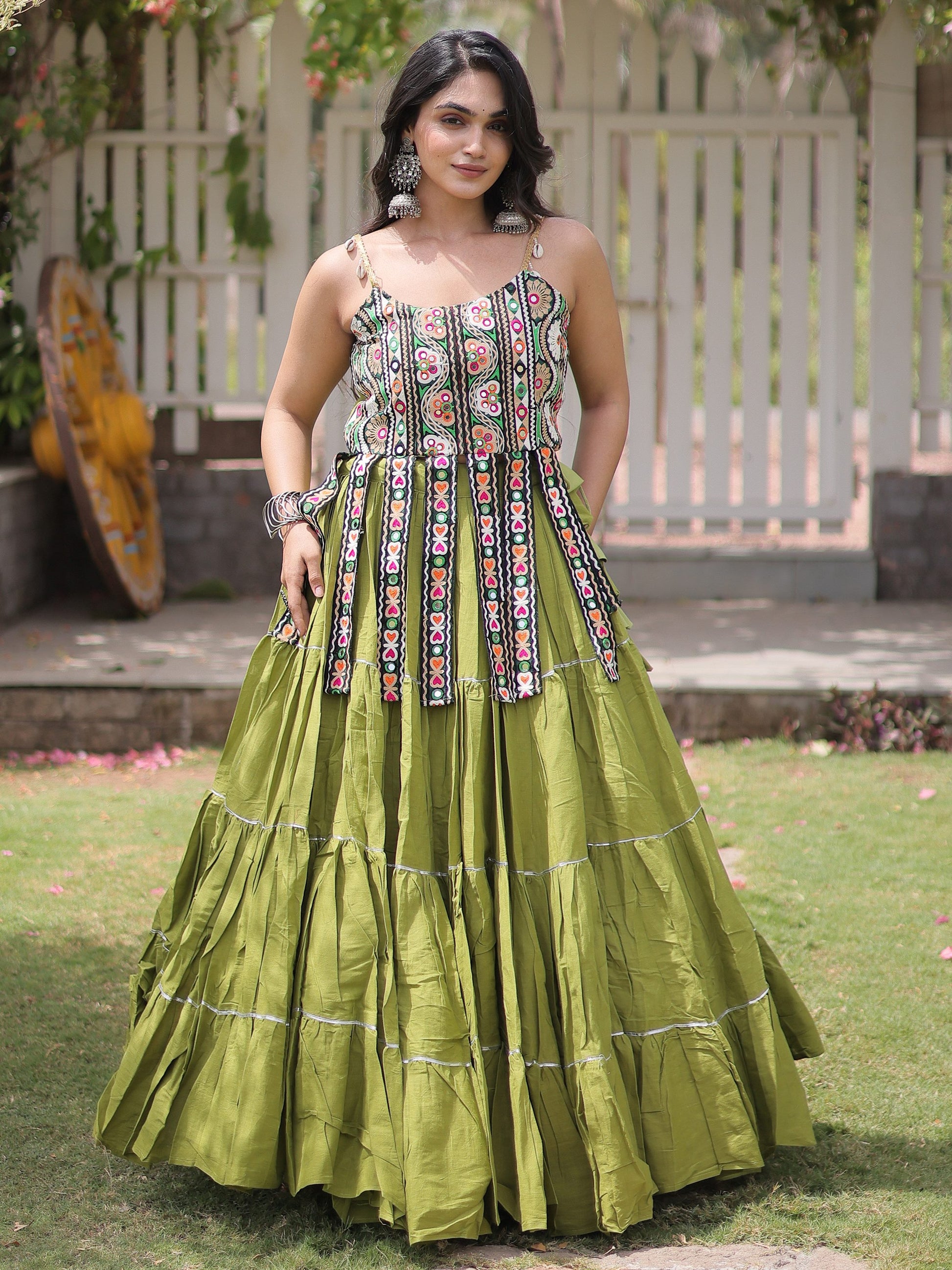 Charming Pista Green Kutchi Work Cotton Navratri Wear Lehenga Choli