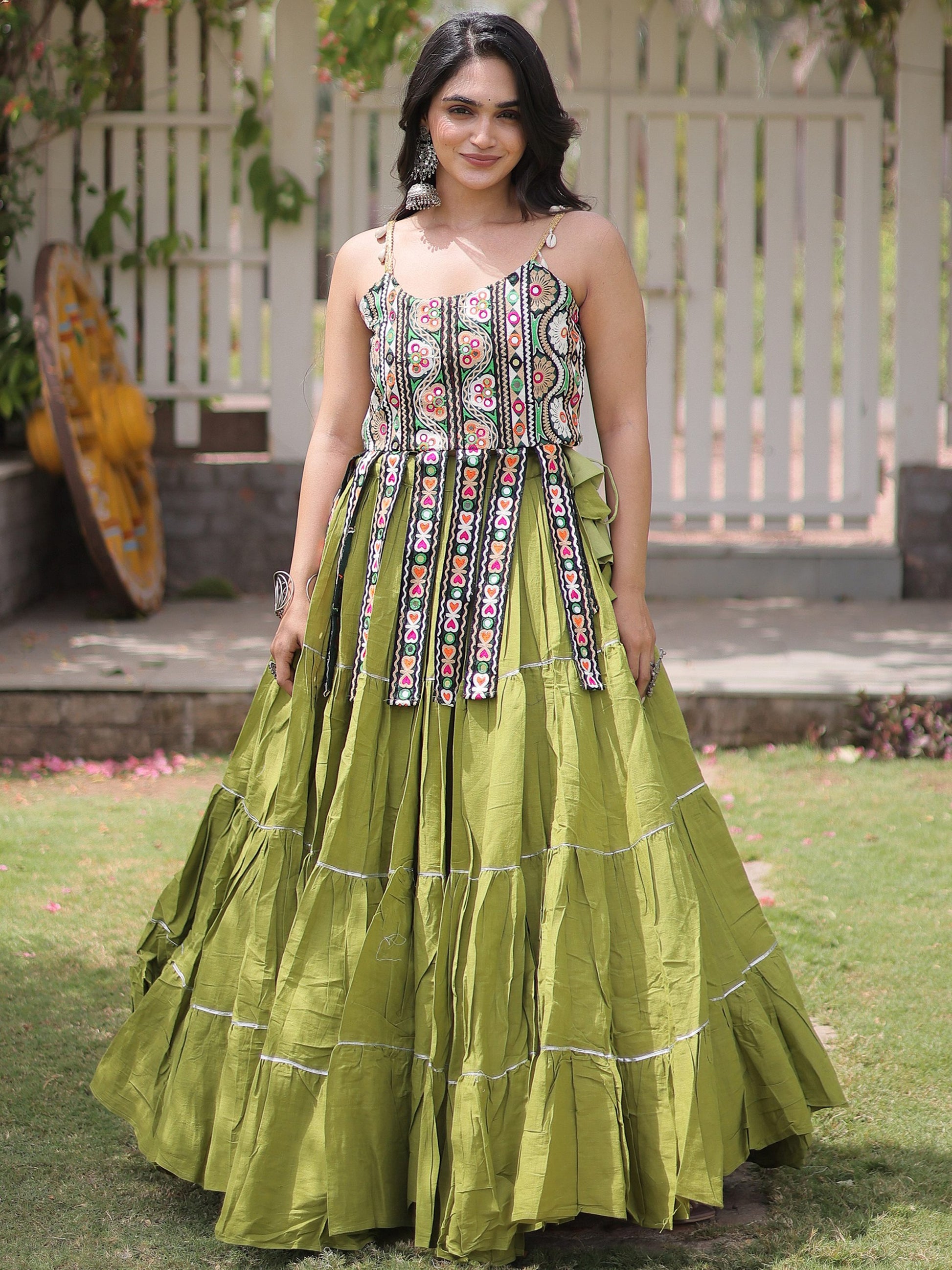 Charming Pista Green Kutchi Work Cotton Navratri Wear Lehenga Choli