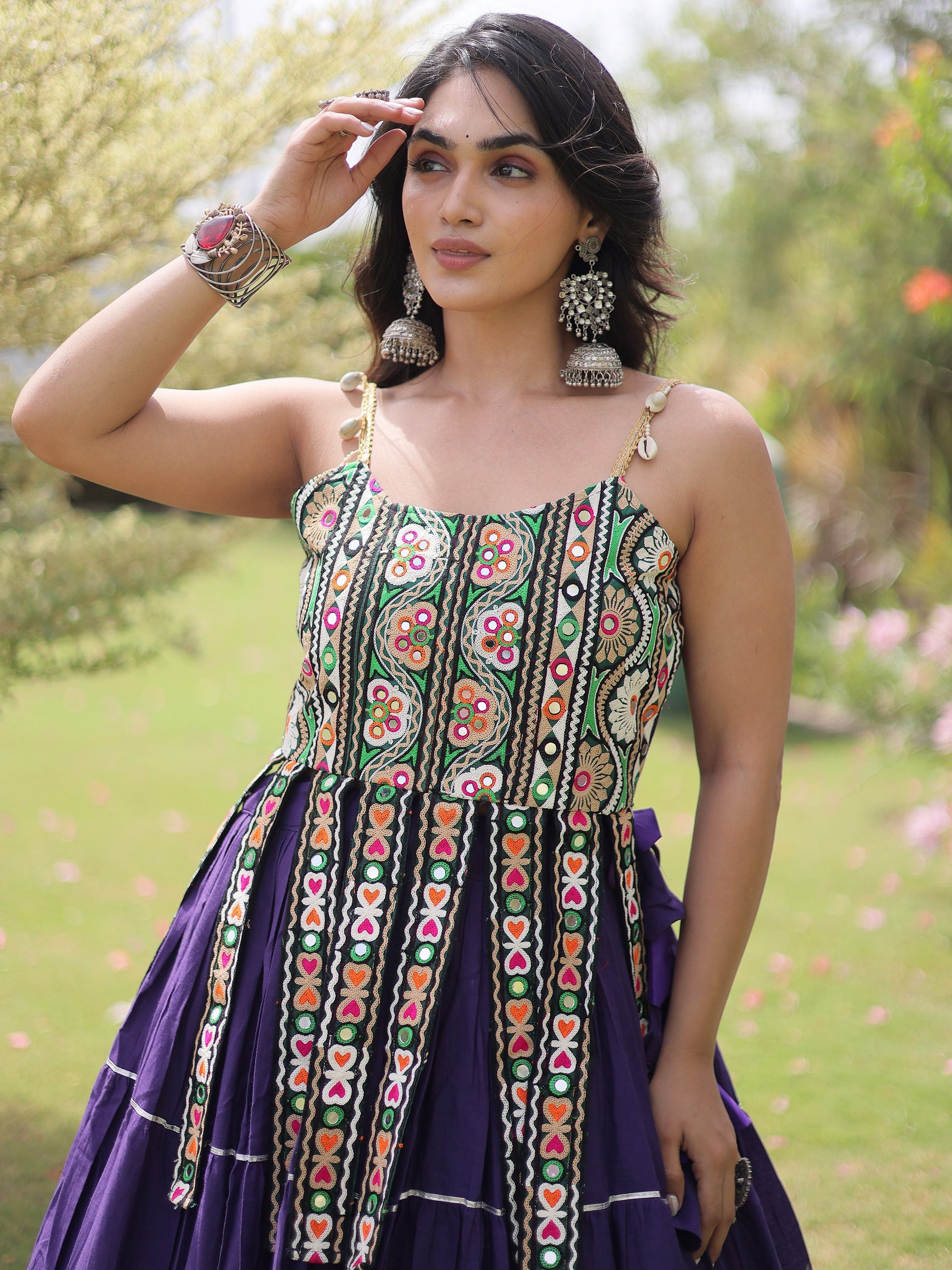 Sparkling Purple Kutchi Work Cotton Navratri Wear Lehenga Choli