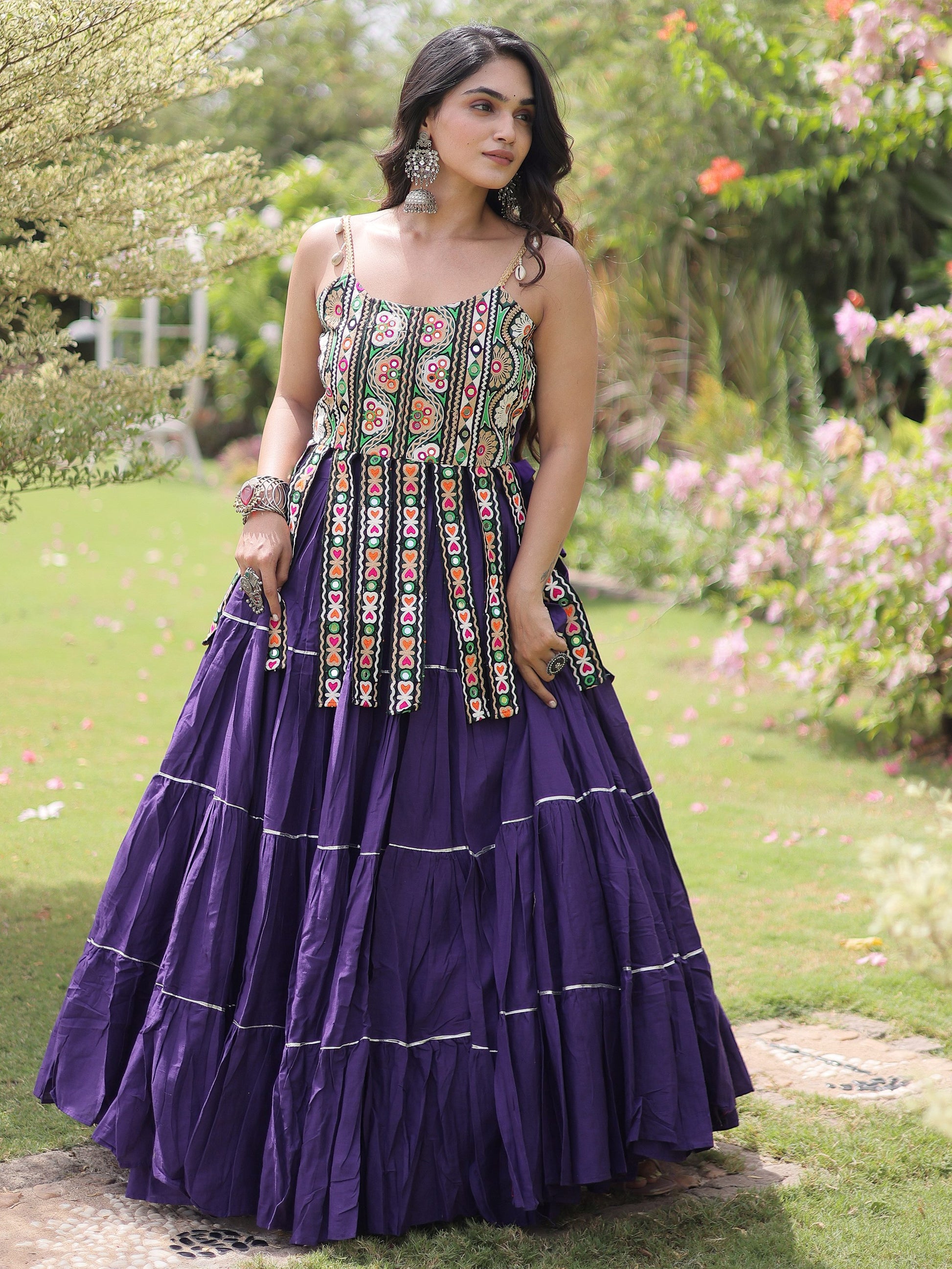 Sparkling Purple Kutchi Work Cotton Navratri Wear Lehenga Choli