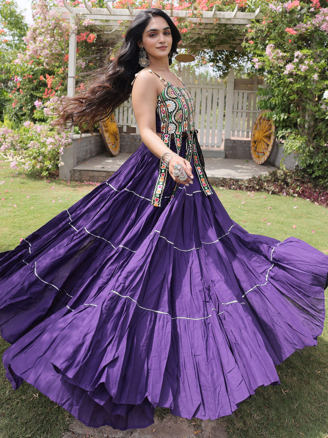 Sparkling Purple Kutchi Work Cotton Navratri Wear Lehenga Choli