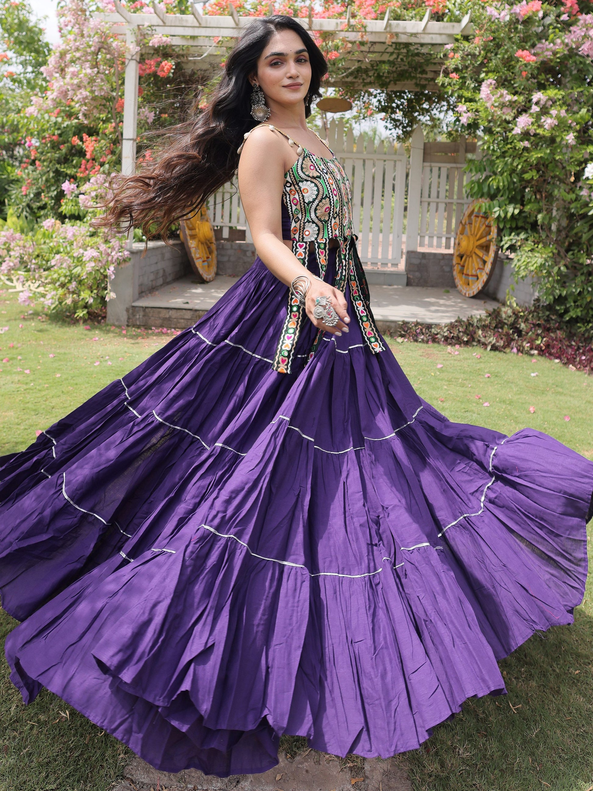 Sparkling Purple Kutchi Work Cotton Navratri Wear Lehenga Choli